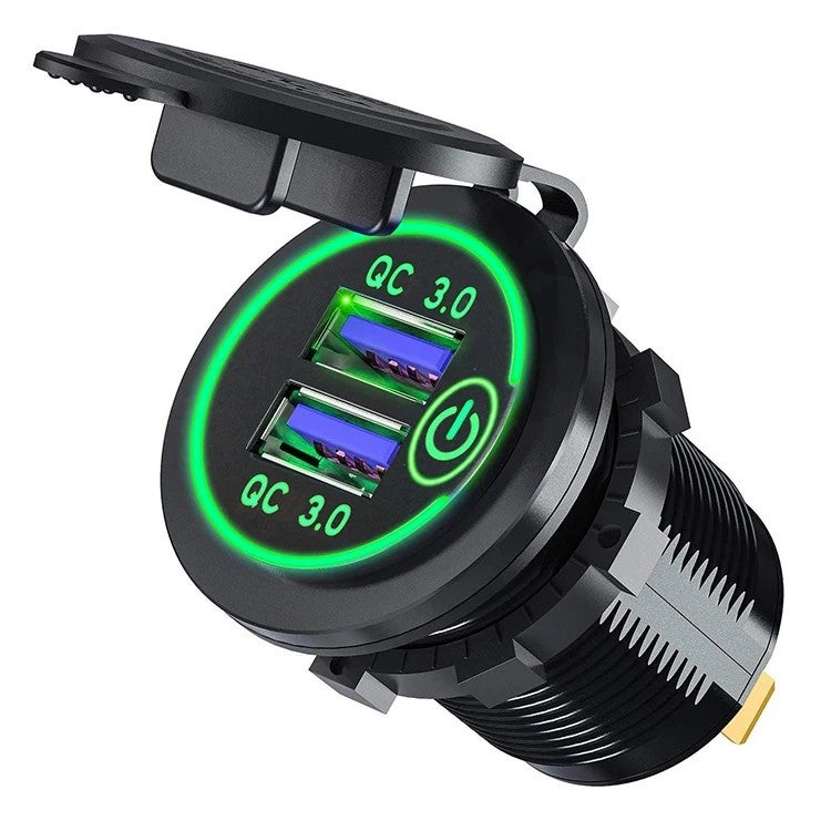 Bluejw 36W QC 3.0 Dual USB Car Charger Socket with Touch Switch, 12V/24V Fast Charger for Truck, Motorcycle, Marine, Boat - Automobile Chargers - Image 1